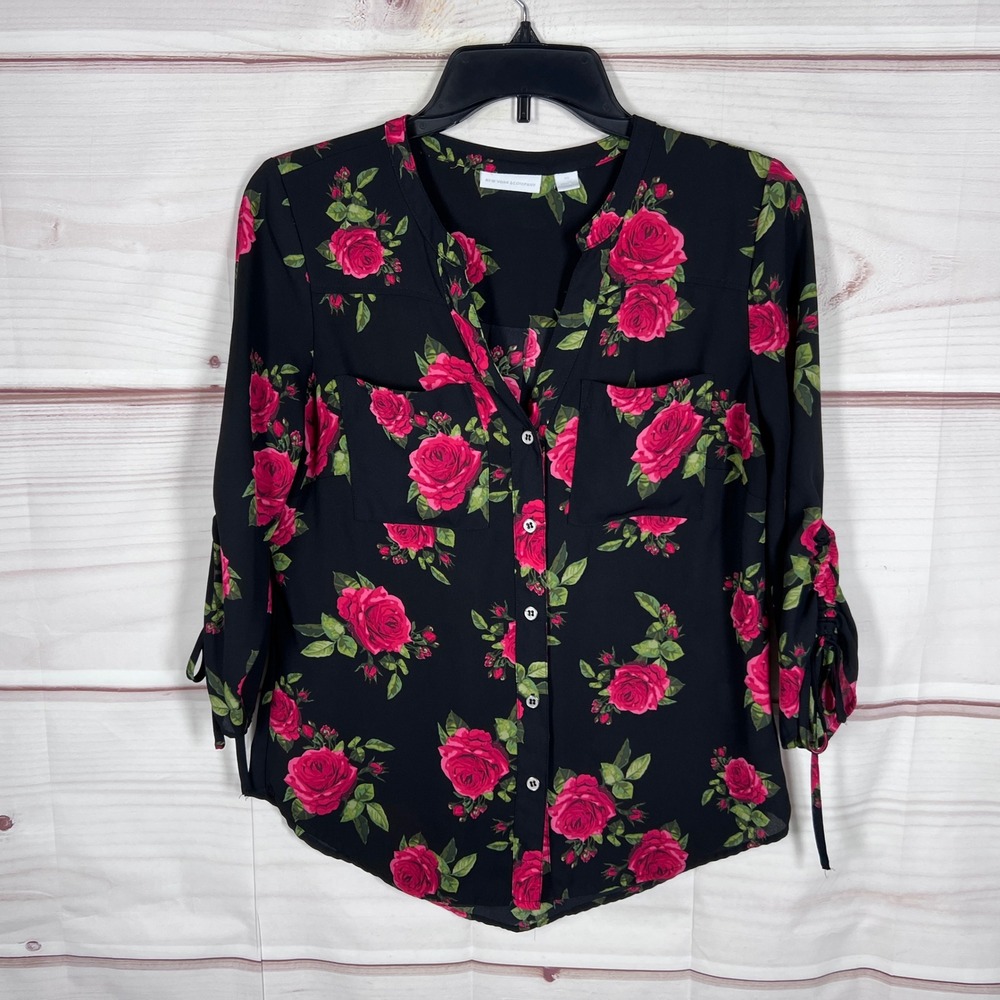 New York & Company Blouse Womens XS Black Floral Button Up Ruched Sleeve Top